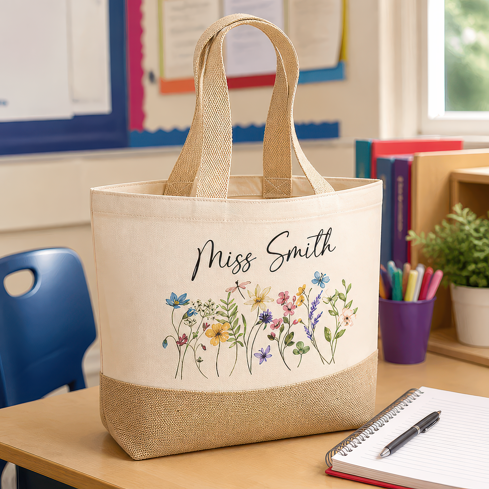 Personalised Floral Wildflowers Jute Tote Bag with Name - alternative view