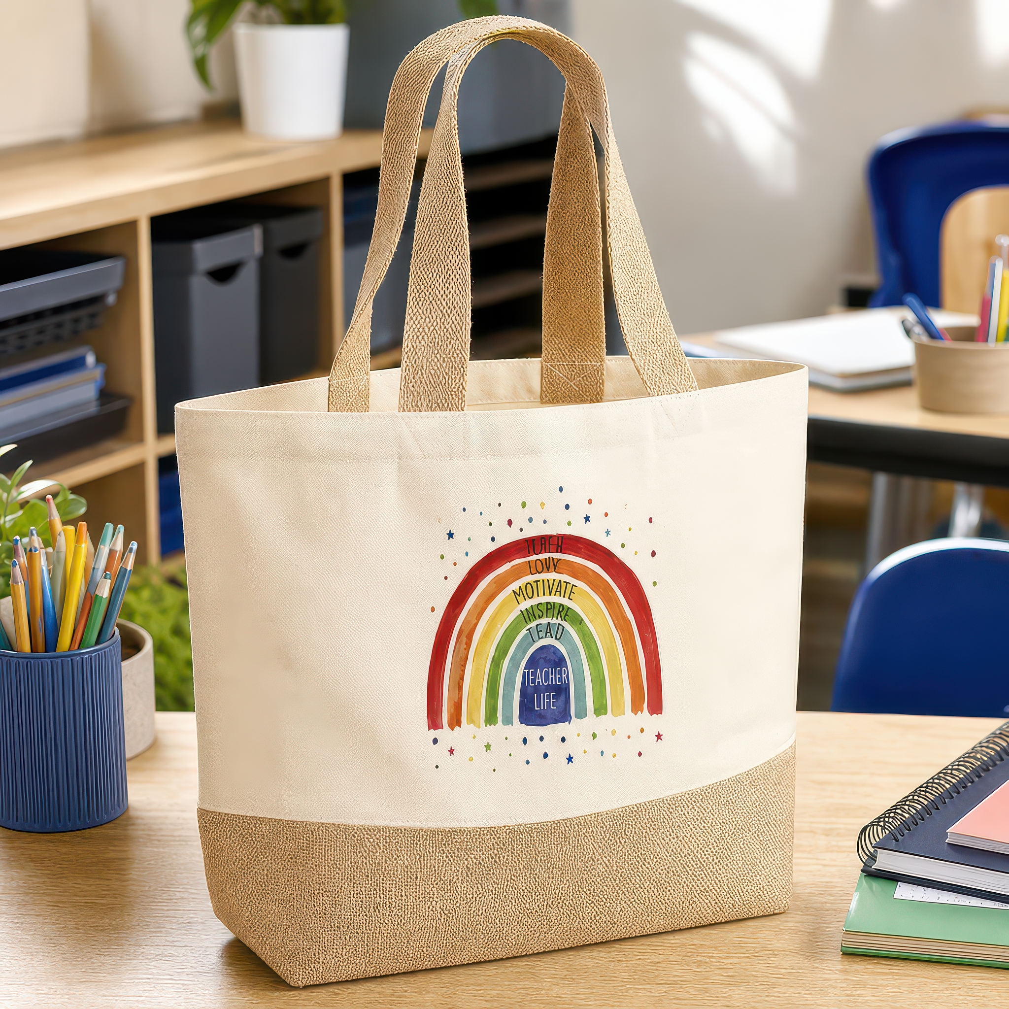Personalised Beige with Rainbow Jute Tote Bag with Name - alternative view