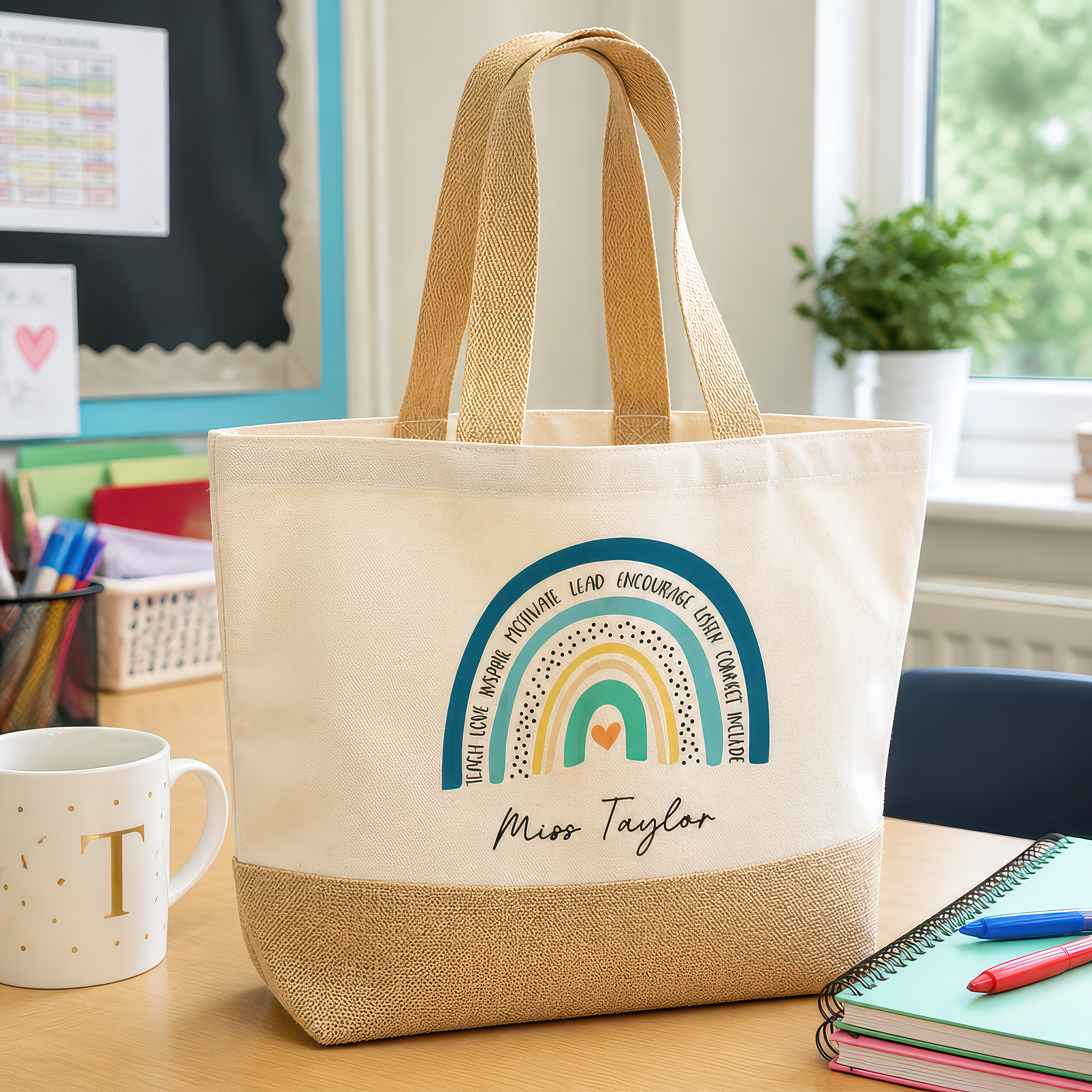Personalised Beige Blue Rainbow Jute Tote Bag with Name - alternative view