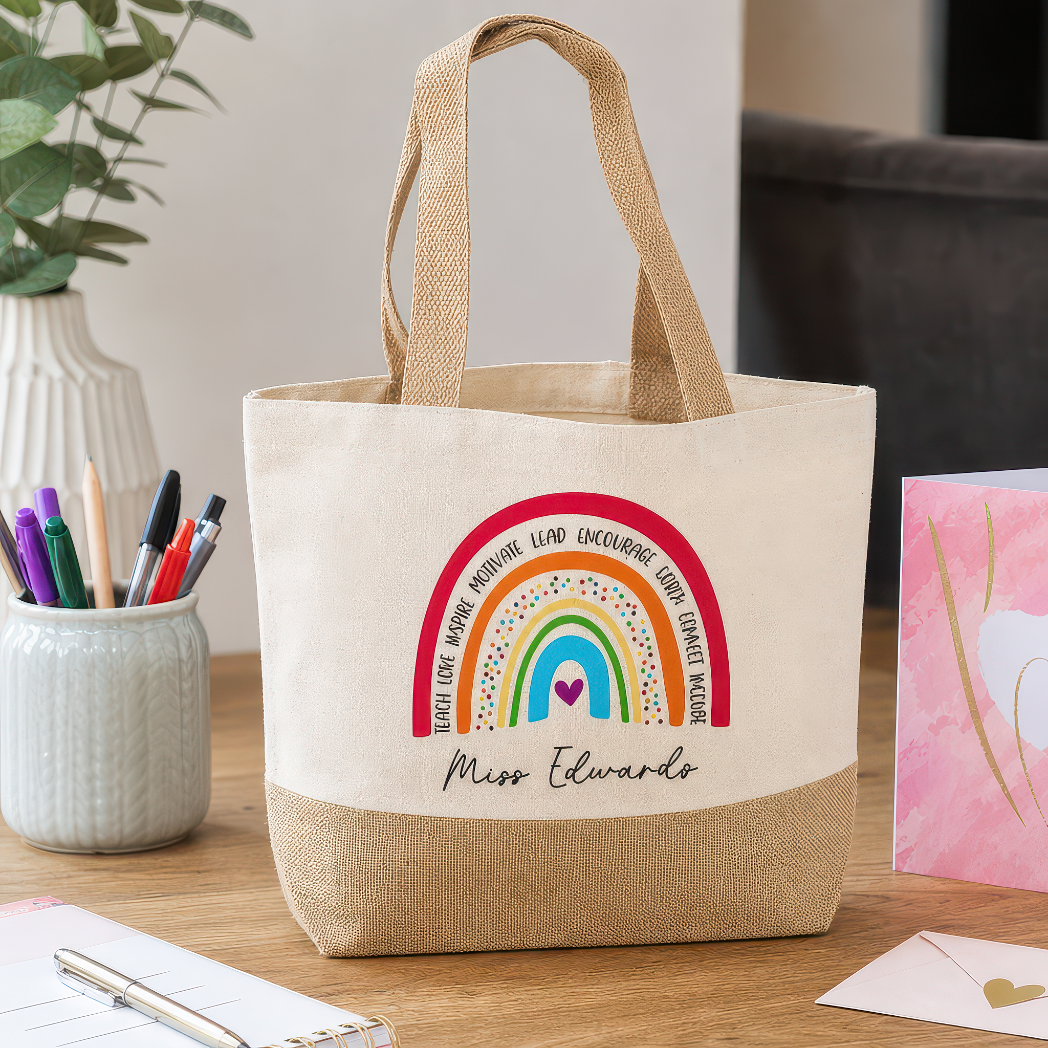 Personalised Beige Multi Rainbow Jute Tote Bag with Name - alternative view