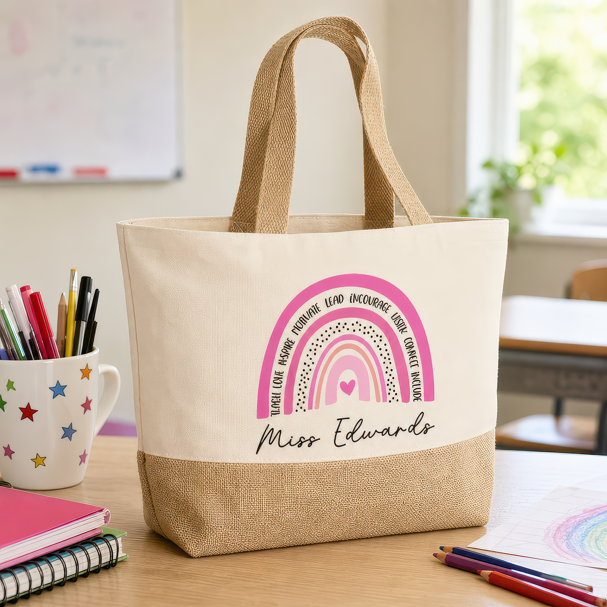 Personalised Beige Pink Rainbow Jute Tote Bag with Name - alternative view