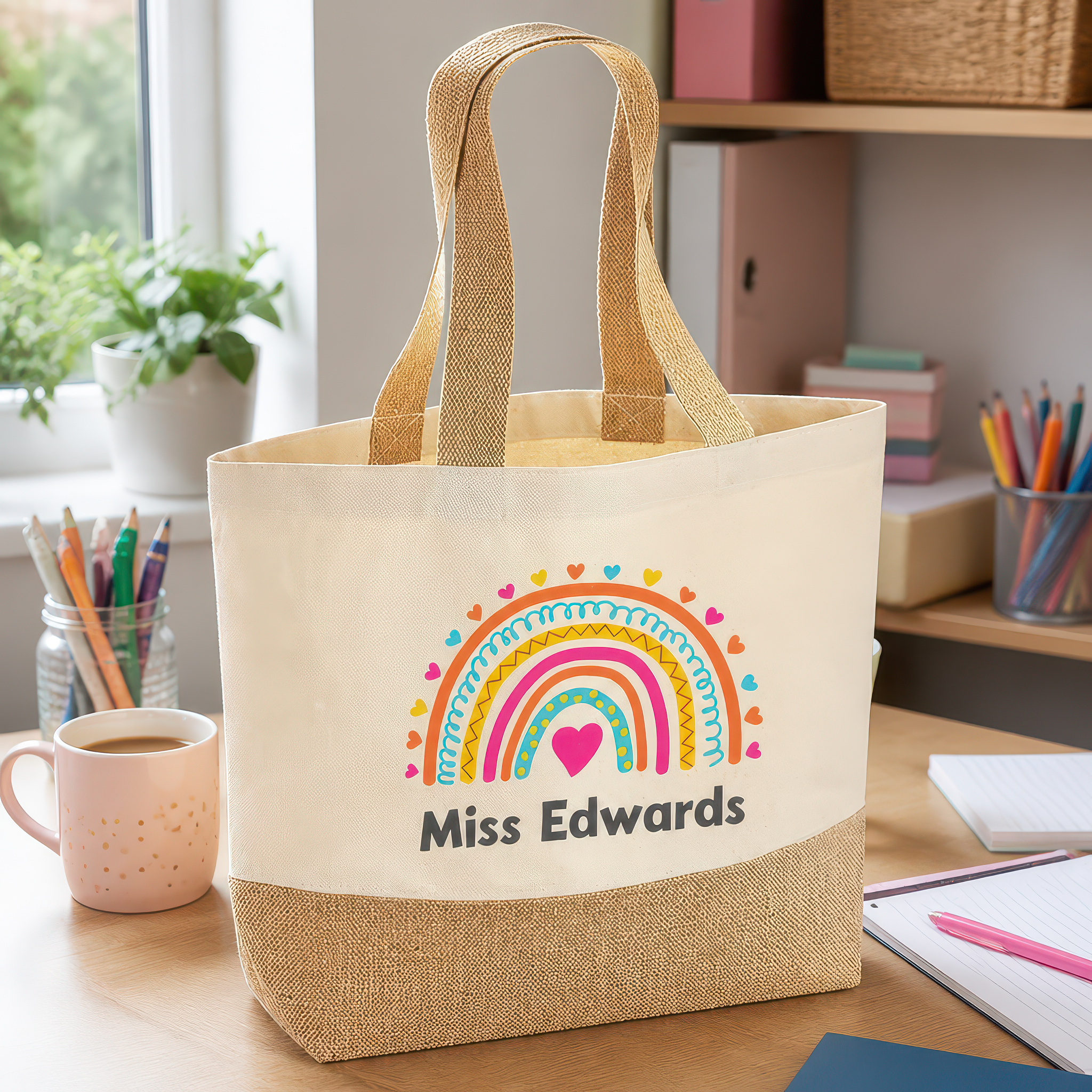Personalised Beige Rainbow Pink Heart Jute Tote Bag with Name - alternative view