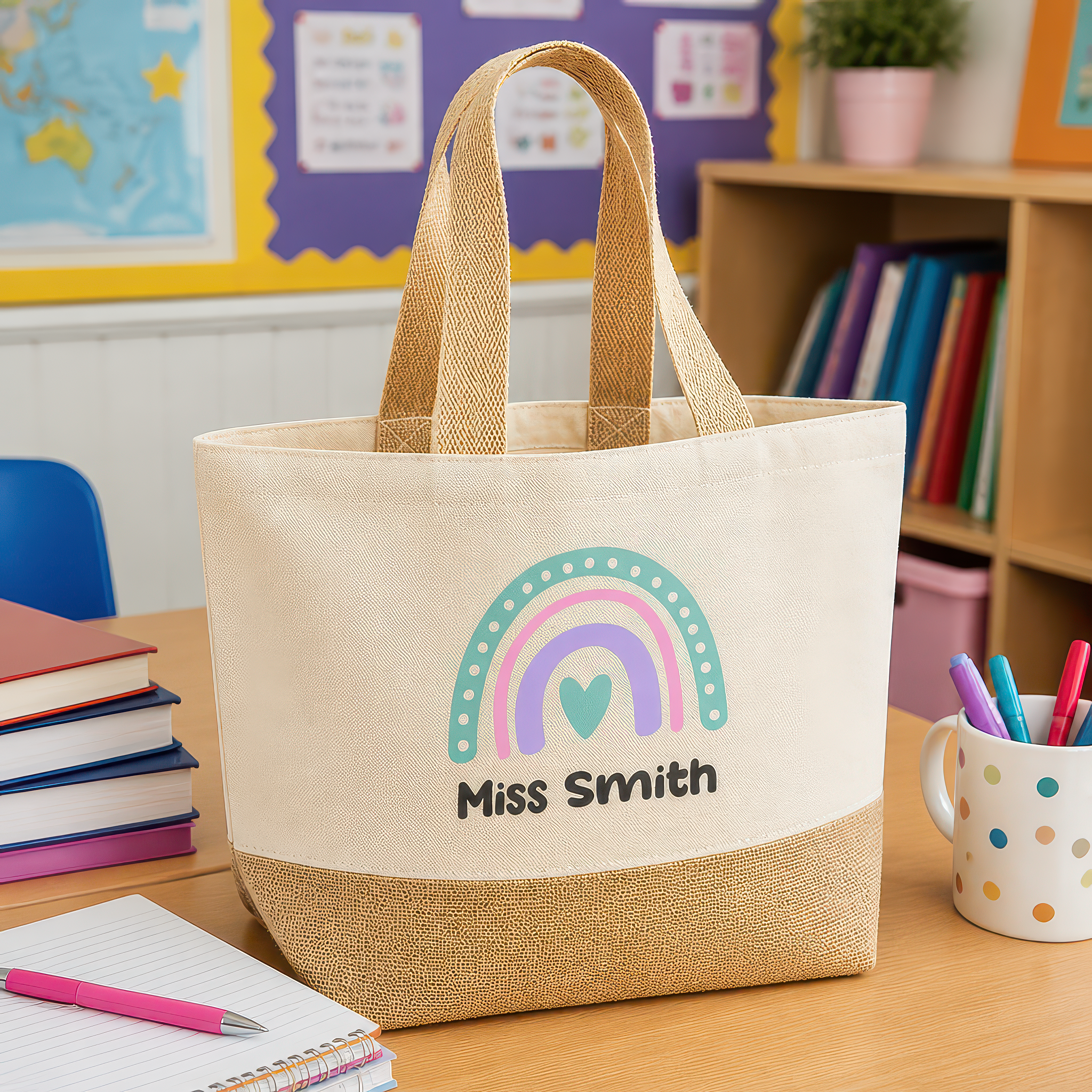 Personalised Pink Purple Rainbow Jute Tote Bag with Name - alternative view