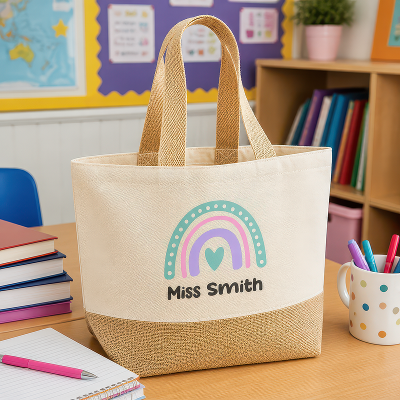 Personalised Pink Purple Rainbow Jute Tote Bag with Name - alternative view