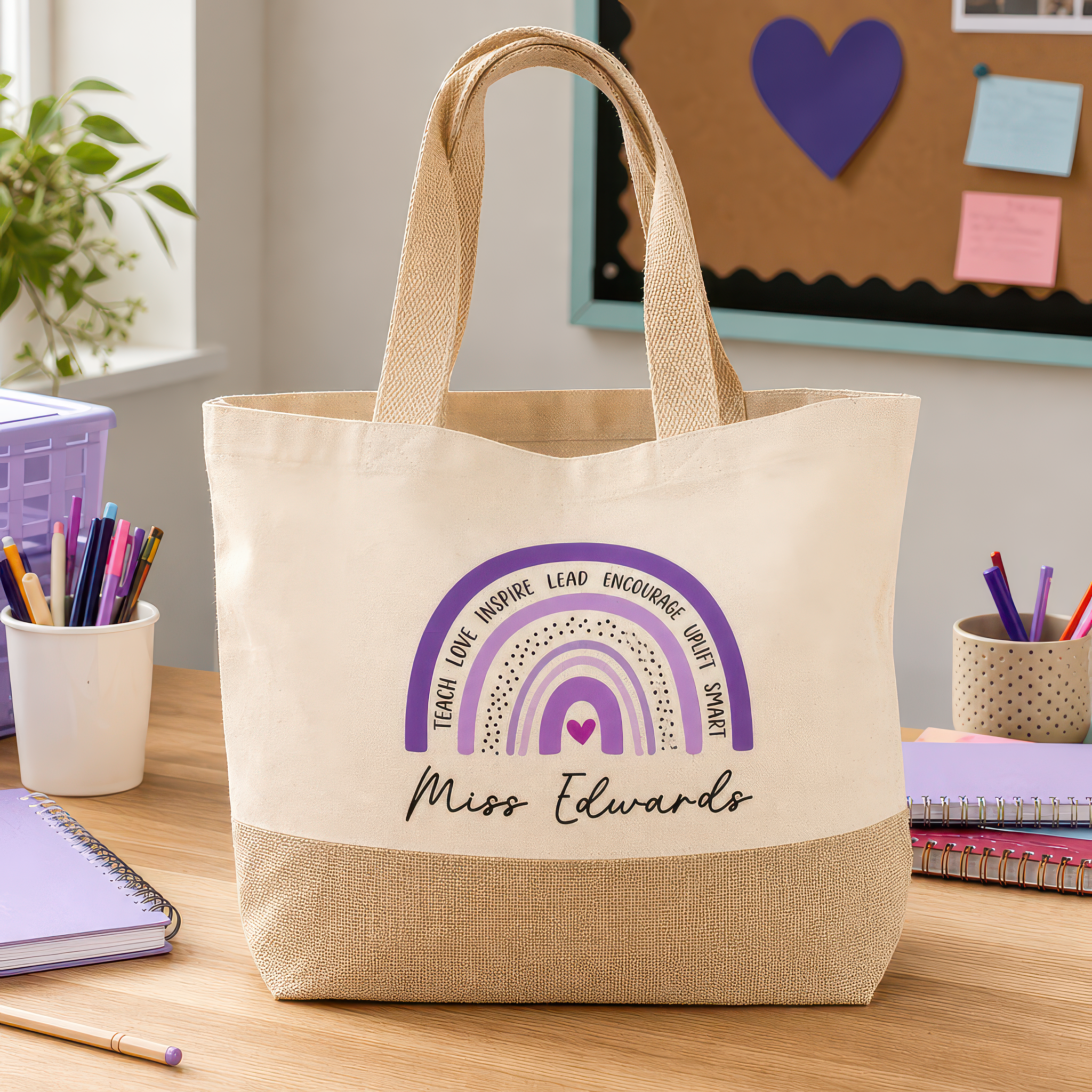 Personalised Beige Purple Rainbow Jute Tote Bag with Name - alternative view