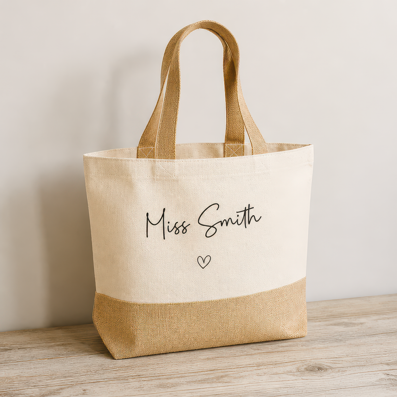Personalised Beige Heart Hessian Jute Tote Bag with Name - alternative view