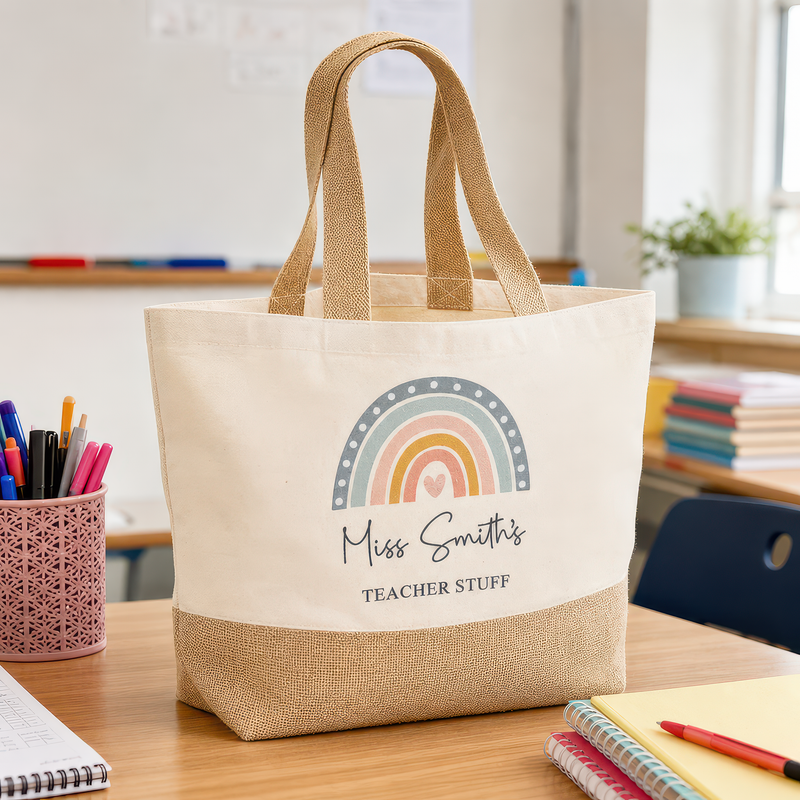 Personalised Beige Boho Rainbow with Text Jute Tote Bag with Name - alternative view