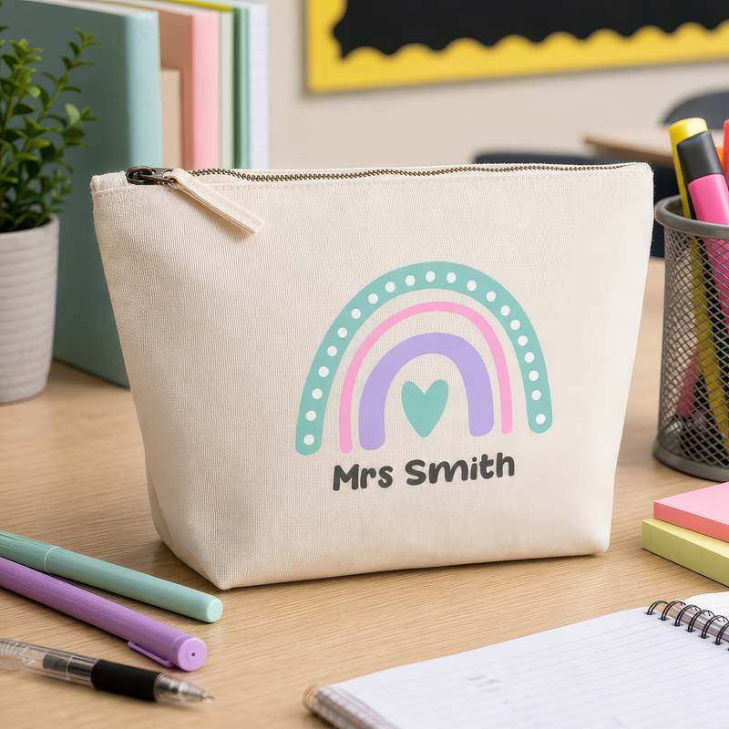 Personalised Teacher Gift - Custom Name Pencil Case with Pastel Rainbow Design - alternative view