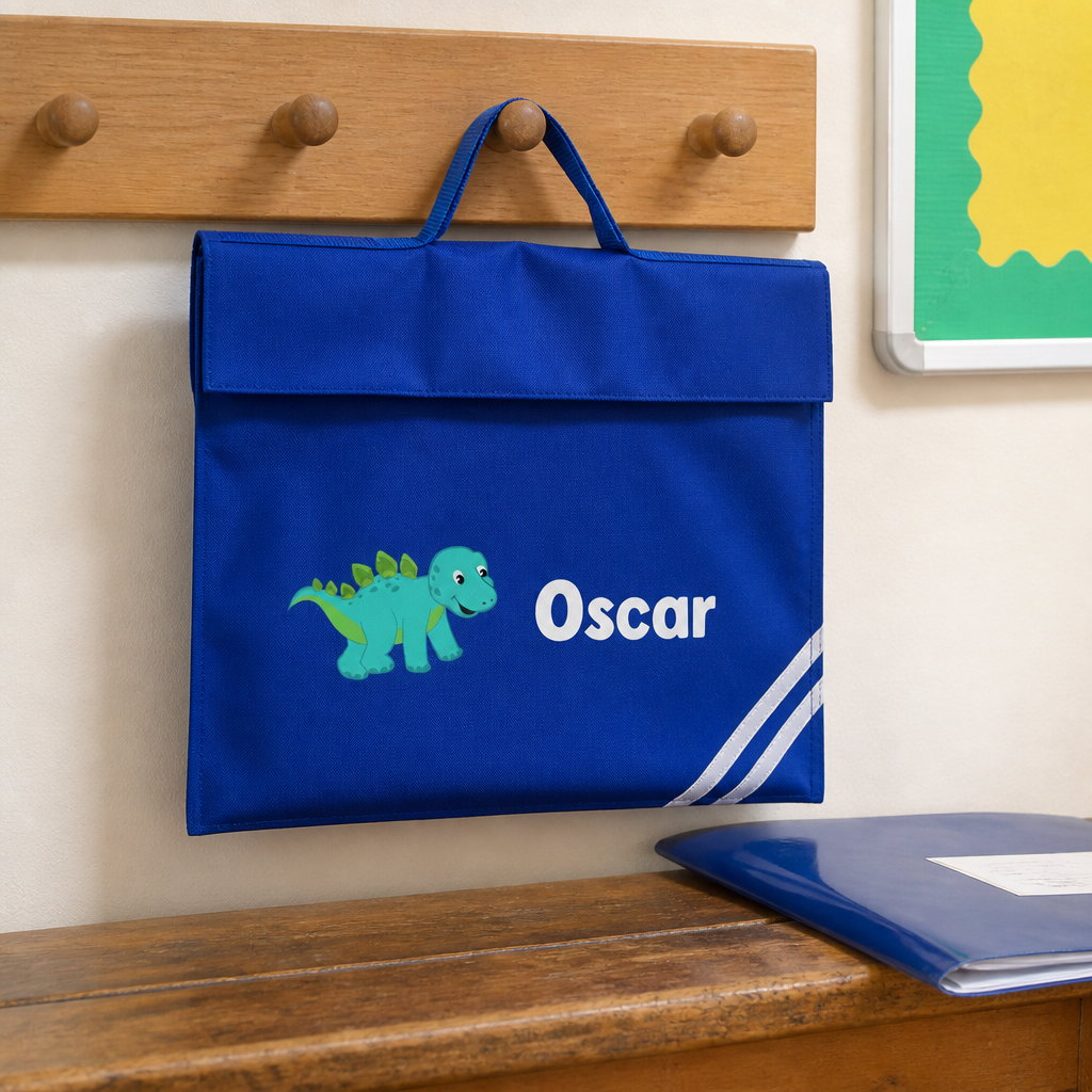 Personalised Turquoise Dinosaur School Book Bag with Name - Blue