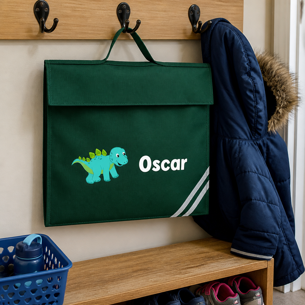 Personalised Turquoise Dinosaur School Book Bag with Name - Green