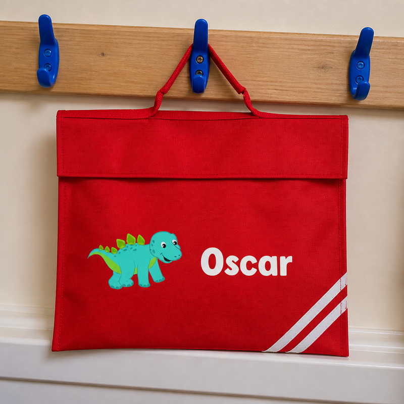 Personalised Turquoise Dinosaur School Book Bag with Name - Red
