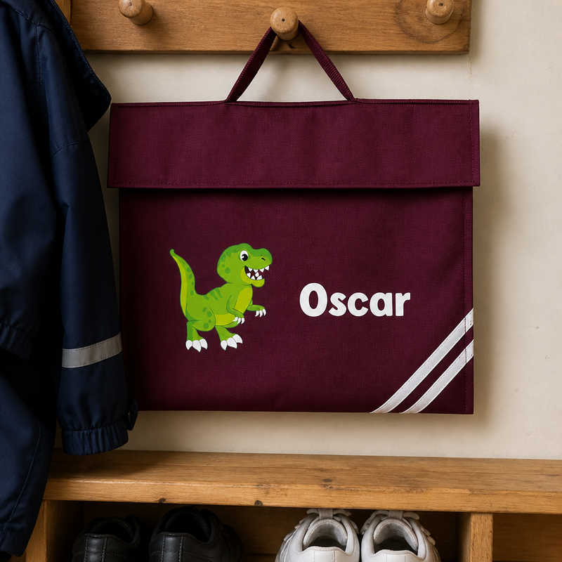 Personalised Cartoon Green Dinosaur School Book Bag with Name - Burgundy