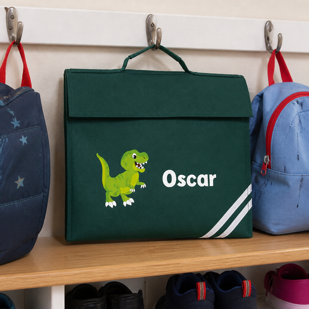 Personalised Cartoon Dinosaur School Book Bag with Name - Green