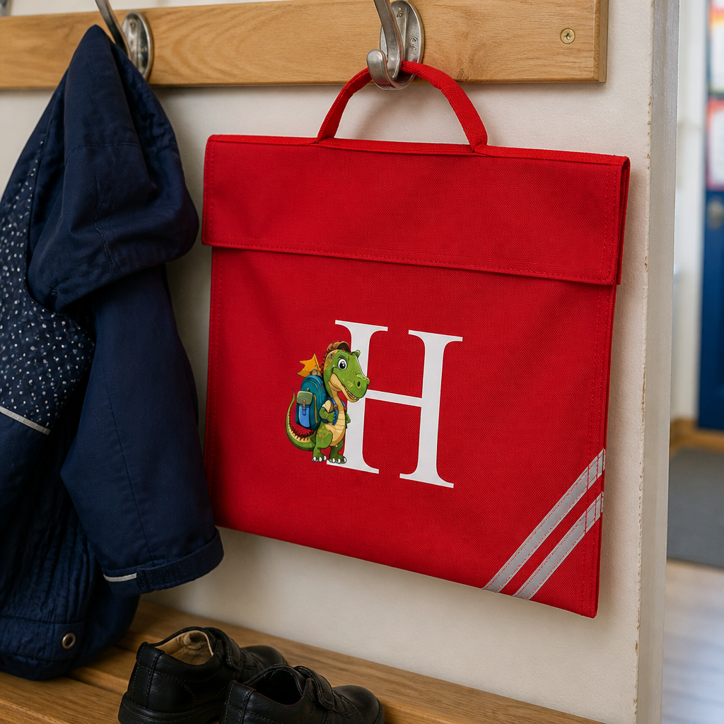Personalised Dinosaur Initial School Book Bag with Name - Red