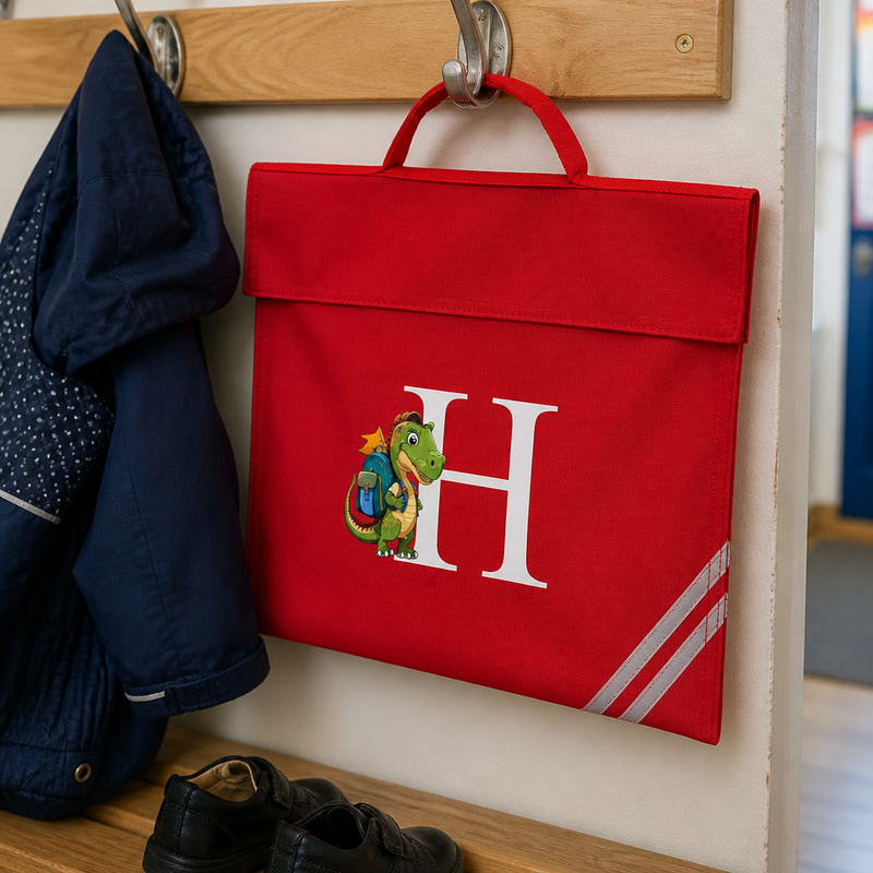 Personalised Dinosaur Initial School Book Bag with Name - Red