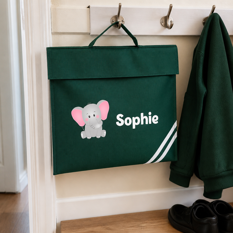 Personalised Green Elephant School Book Bag with Name
