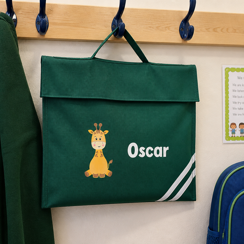 Personalised Green Cartoon Giraffe School Book Bag with Name