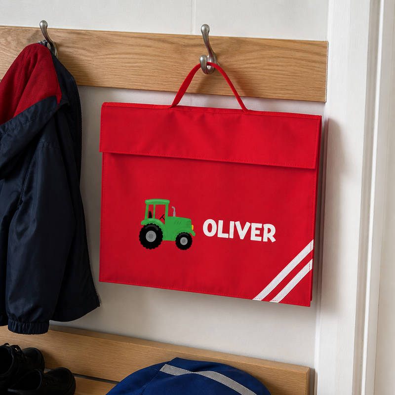 Personalised Green Tractor School Book Bag with Name - Red