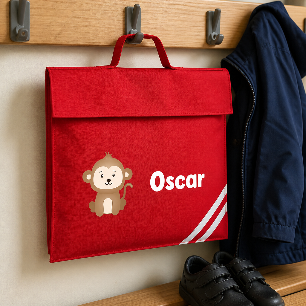 Personalised Monkey Red School Book Bag with Name