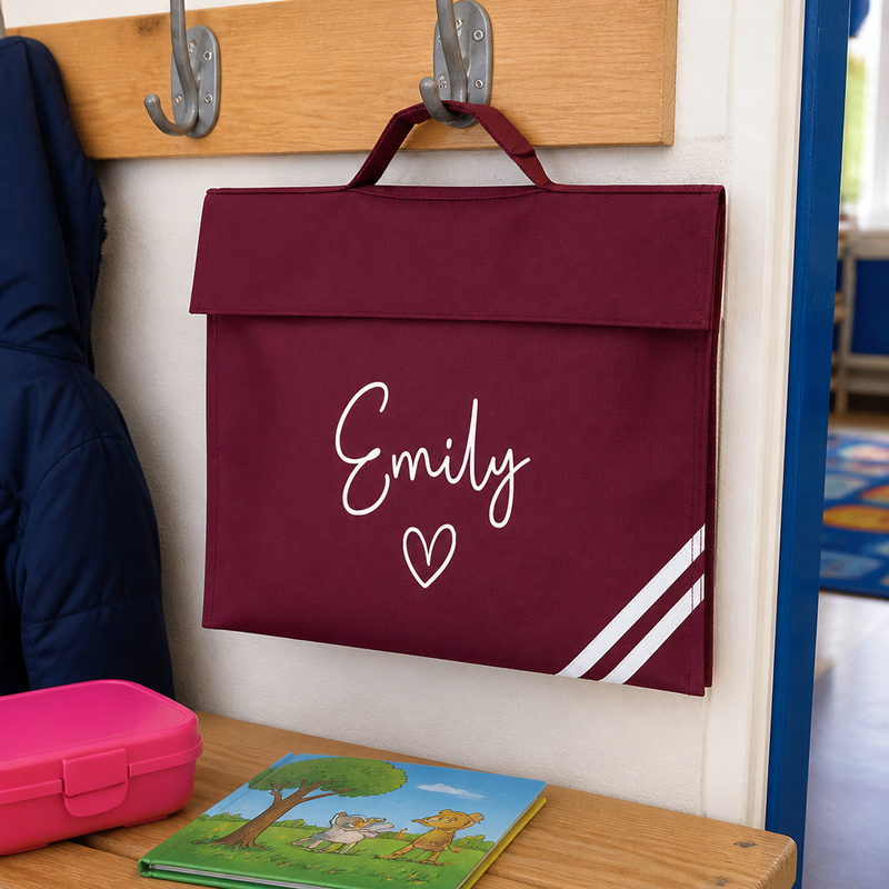 Personalised Name Heart School Book Bag with Name - Burgundy