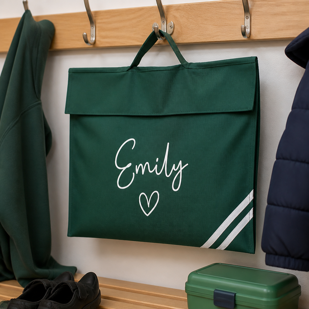 Personalised Script Name Heart School Book Bag with Name - Green