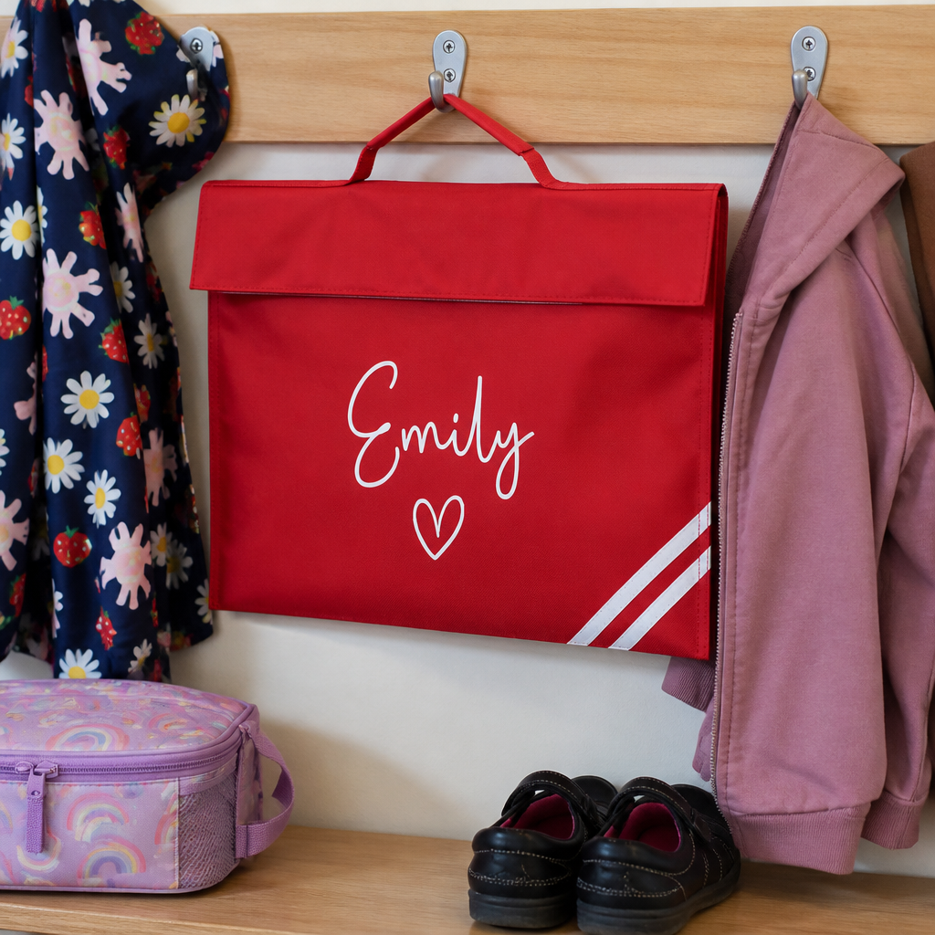 Personalised Script Name Heart School Book Bag - Red and White
