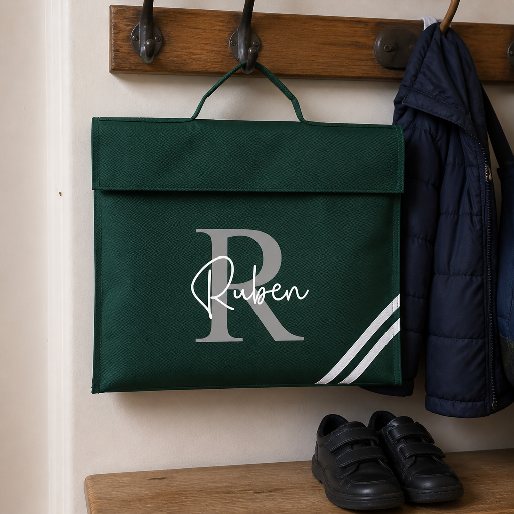 Personalised Green Stripe Initial School Book Bag with Name and Initial