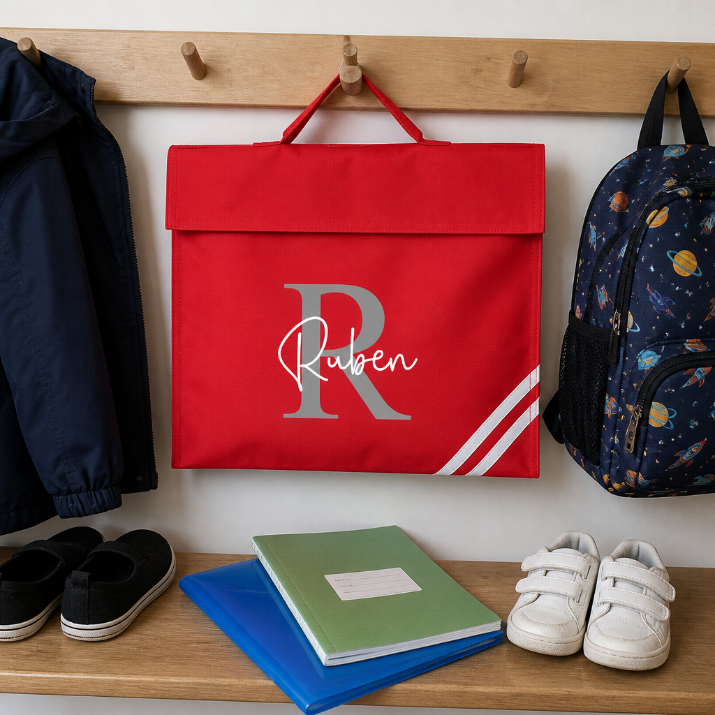 Personalised Red Diagonal Stripe School Book Bag with Name & Initial