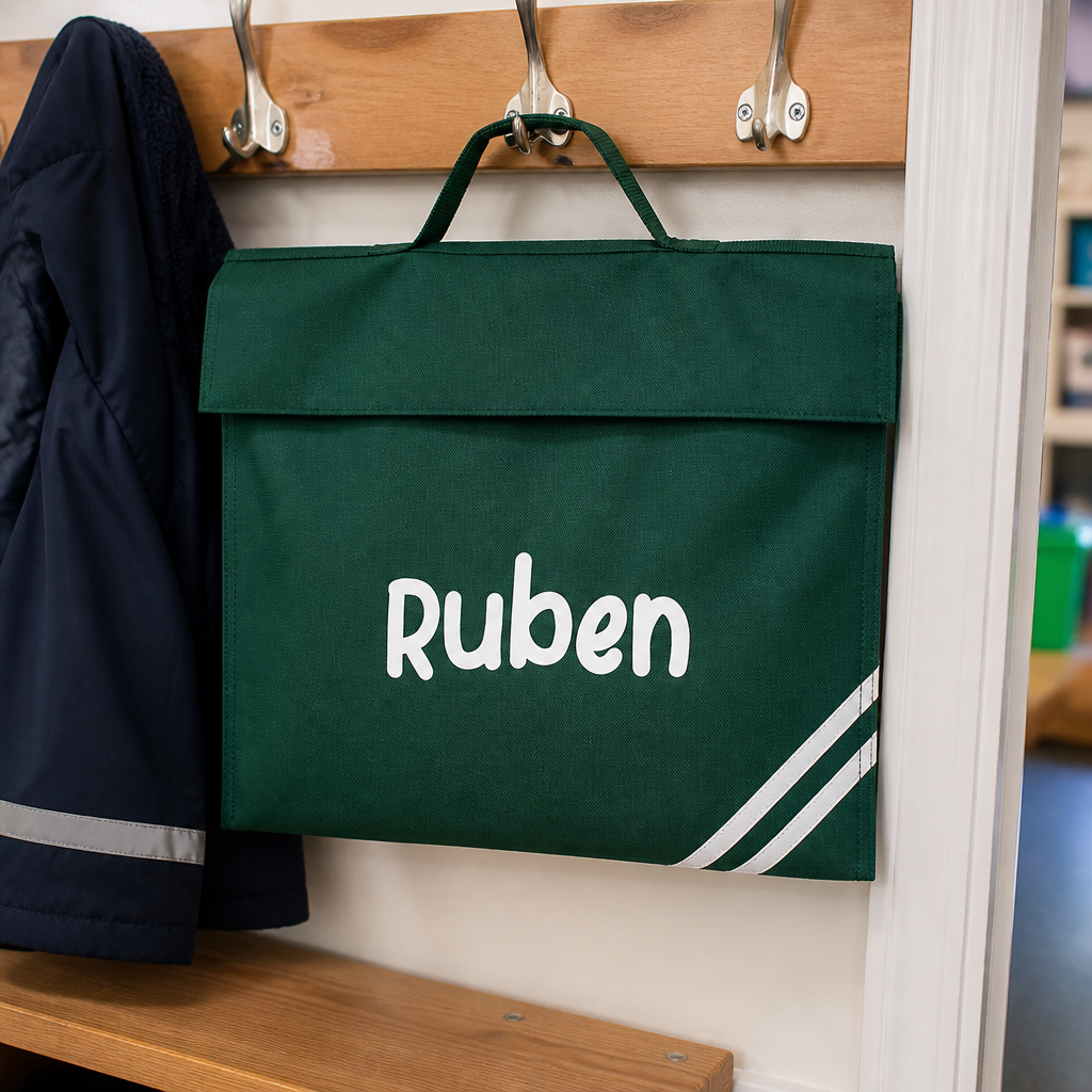 Personalised Dark Green Diagonal Stripes School Book Bag with Name