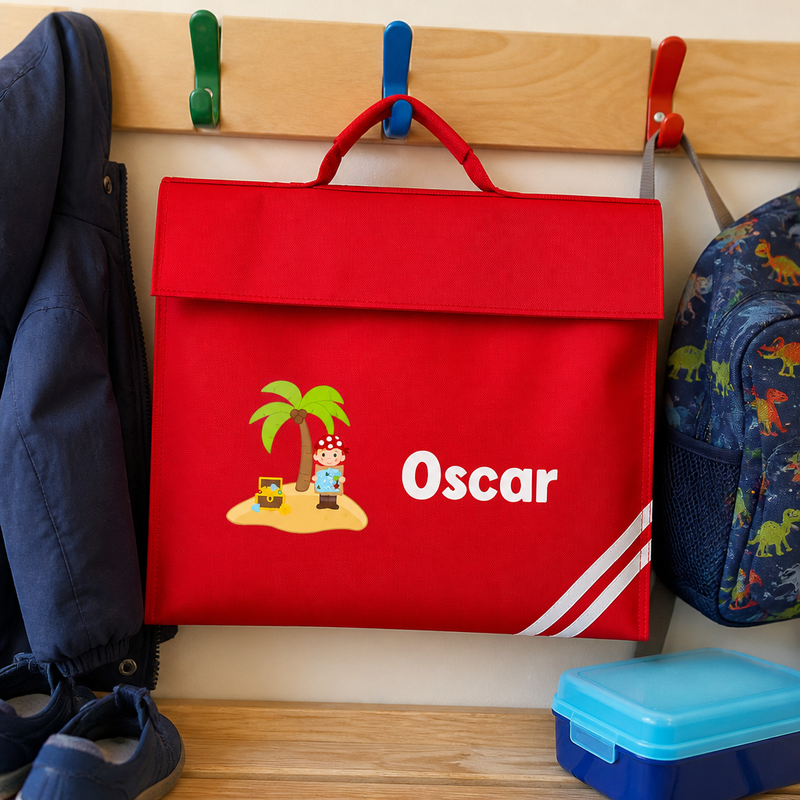 Personalised Pirate Island School Book Bag with Name - Red