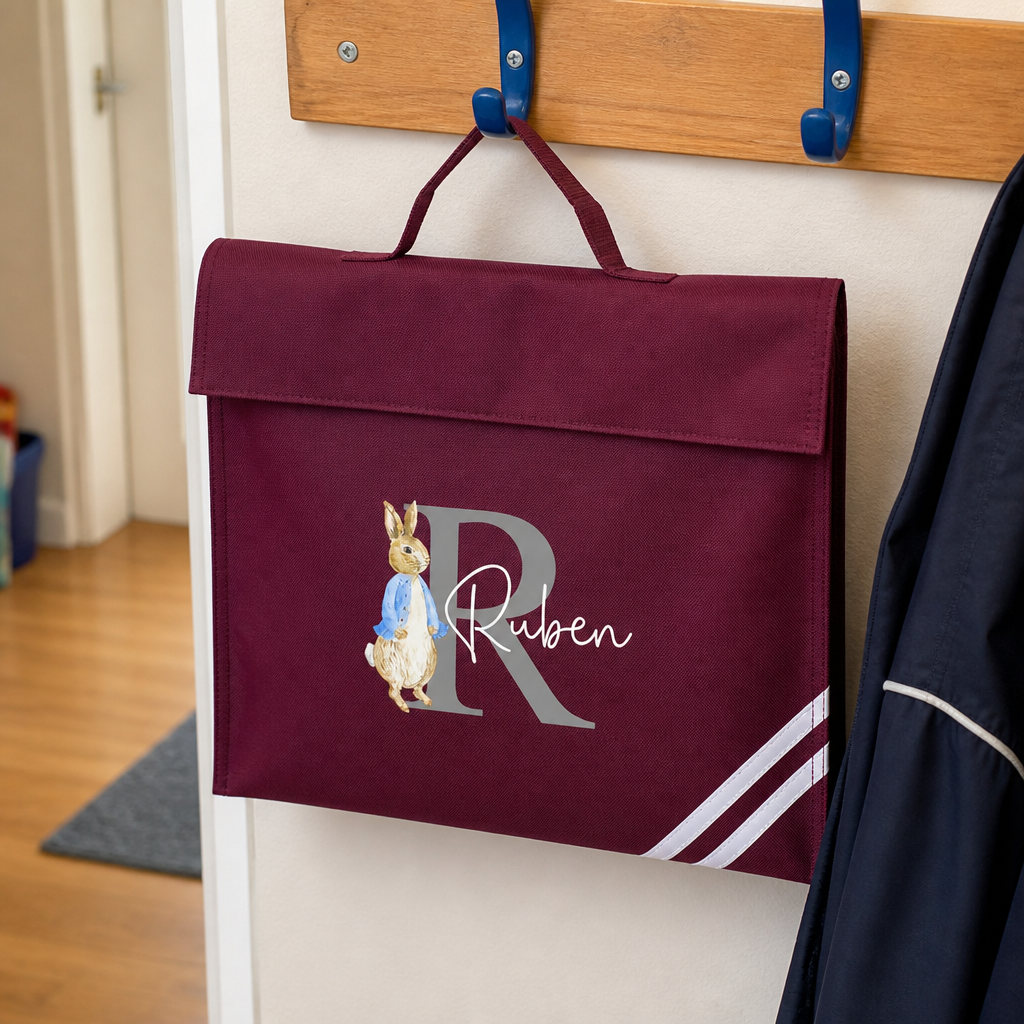 Personalised Rabbit Initial School Book Bag with Name - Burgundy
