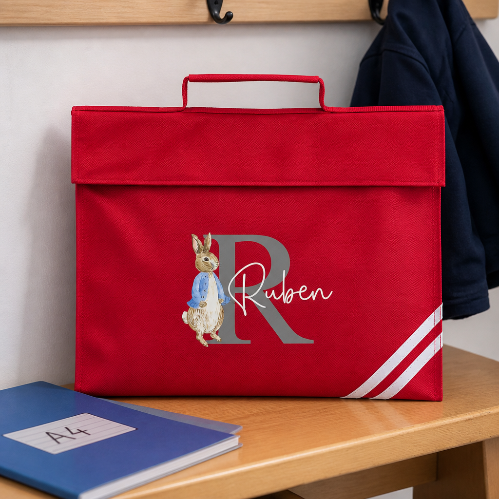 Personalised Rabbit Initial School Book Bag with Name - Red