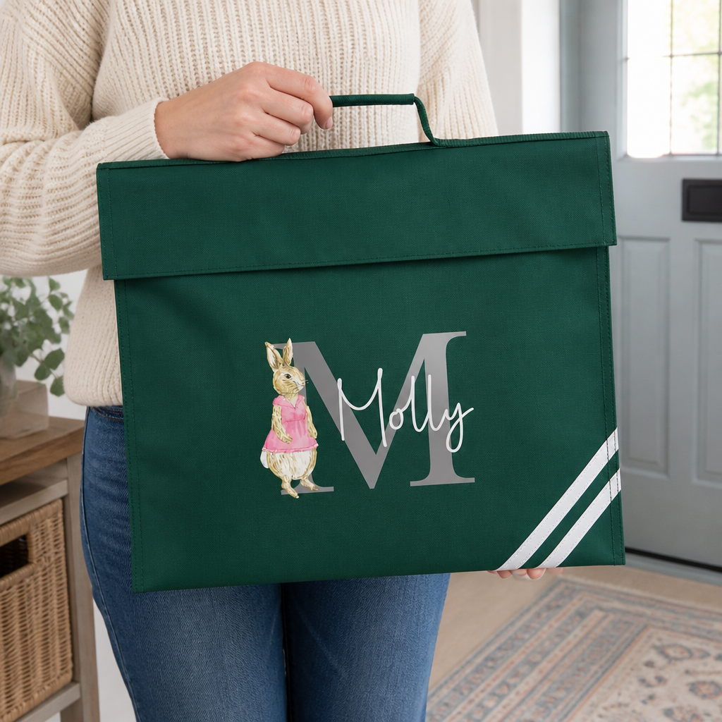 Personalised Rabbit Initial School Book Bag with Name & Initial - Green
