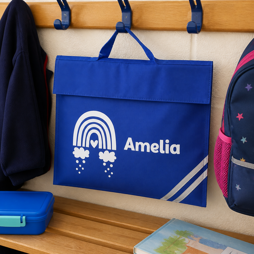 Personalised Rainbow Clouds School Book Bag with Name - Blue