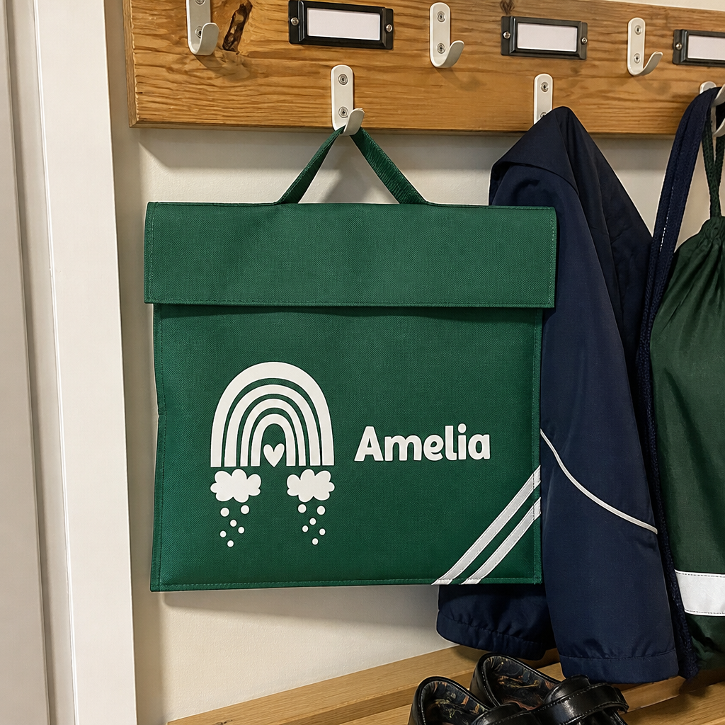 Personalised Green Rainbow with Clouds and Stripes School Book Bag with Name