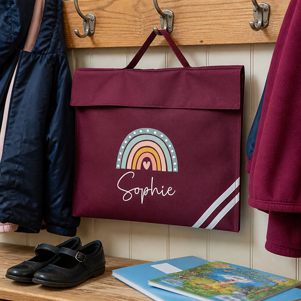 Personalised Boho Rainbow Burgundy School Book Bag with Name
