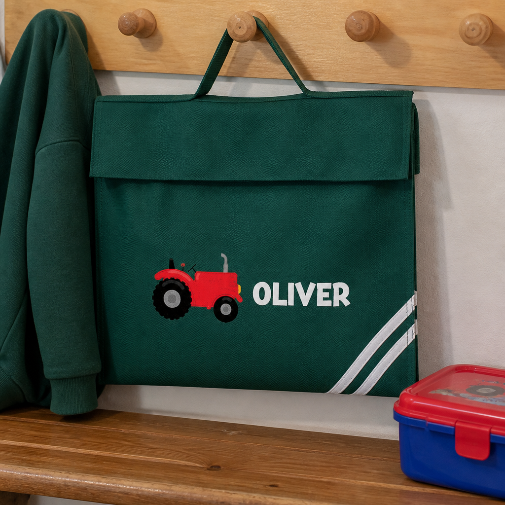 Personalised Tractor Theme School Book Bag with Name - Green
