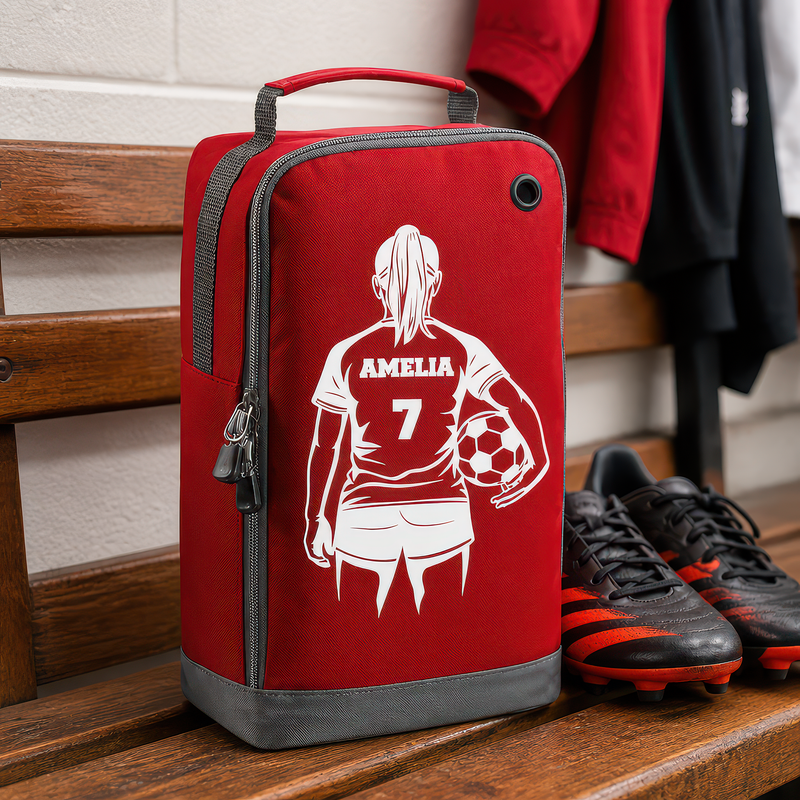 Personalised Female Player + Number Kids Boot Bag with Name and Number - Red - alternative view