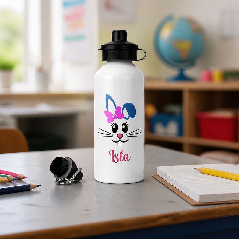 Personalised Blue Rabbit Face Water Bottle