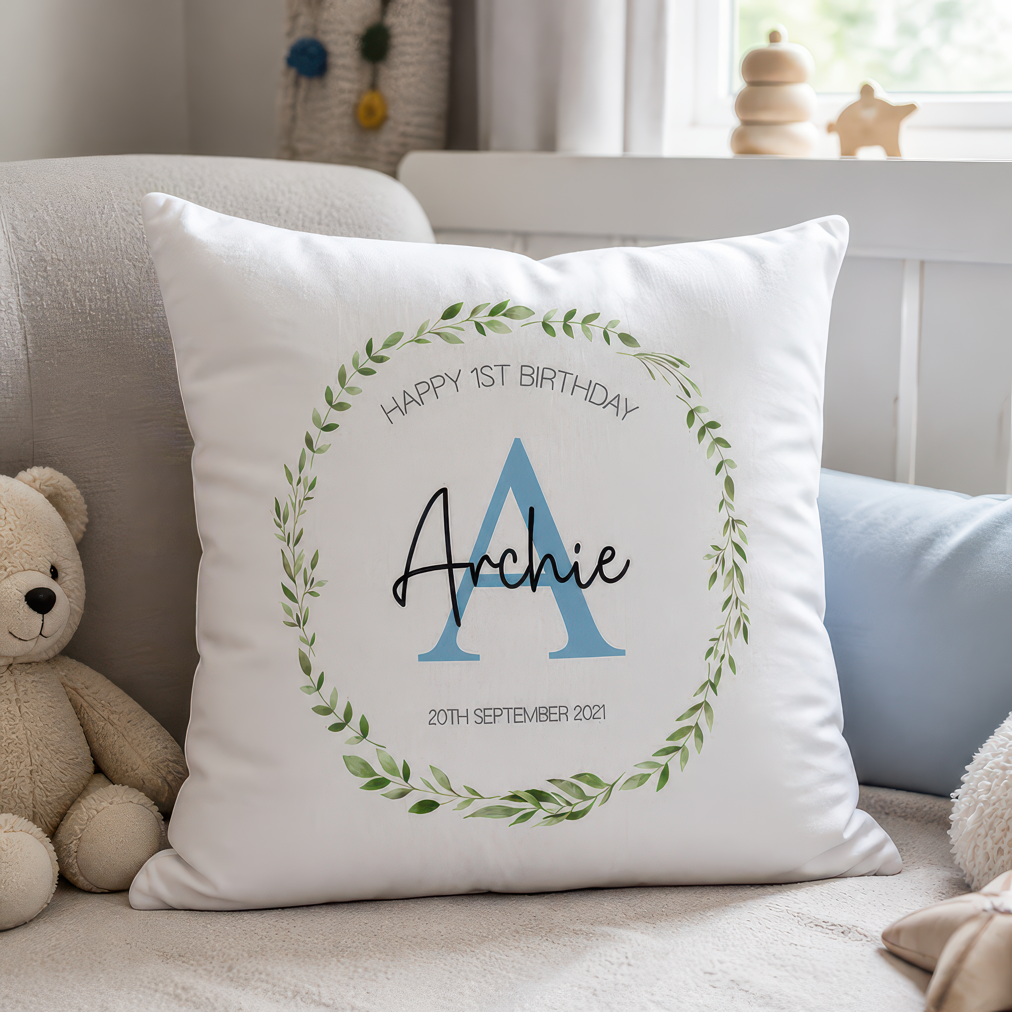 Personalised 1st Birthday Blue Initial Cushion