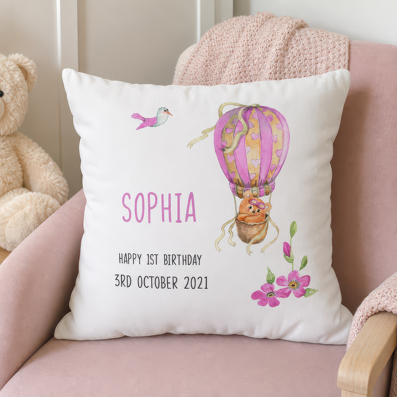 Personalised 1st Birthday Pink Hot Air Balloon Cushion - alternative view