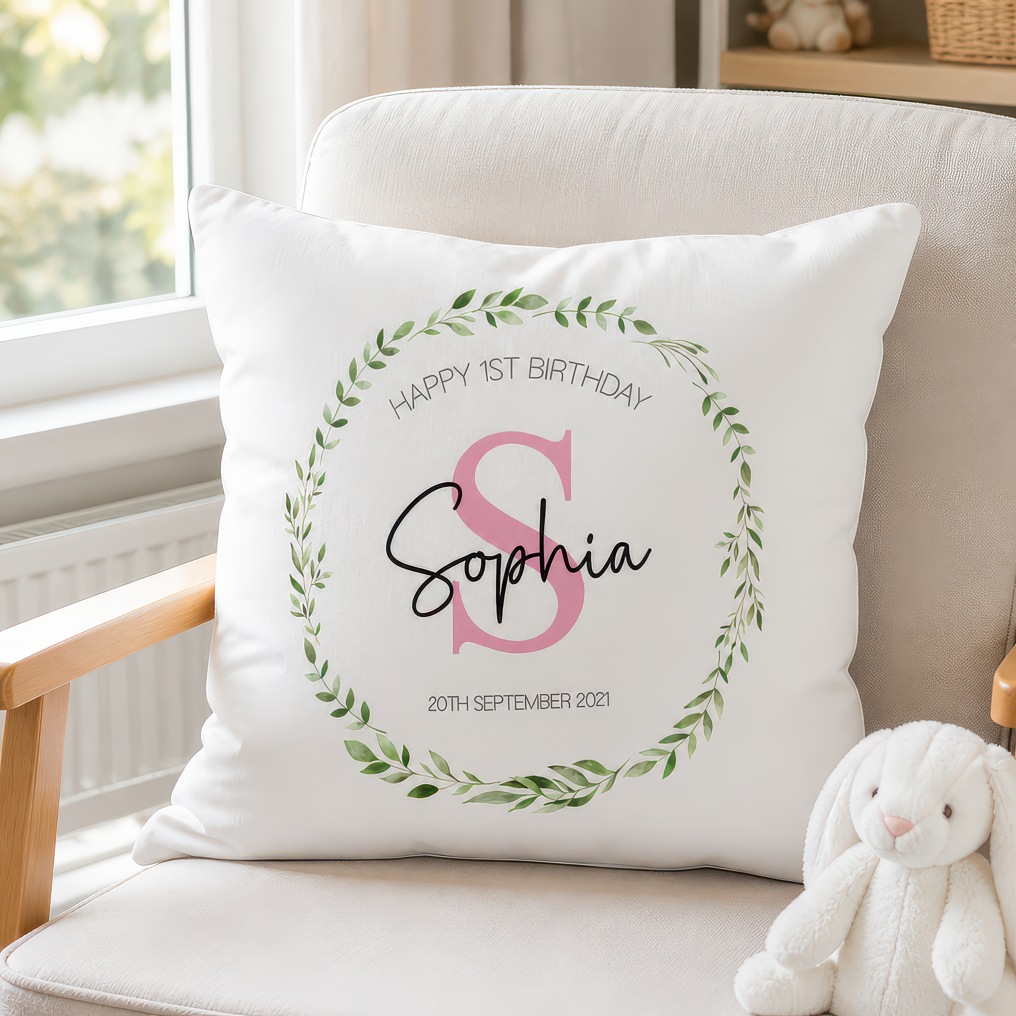 Personalised 1st Birthday Pink Initial Cushion