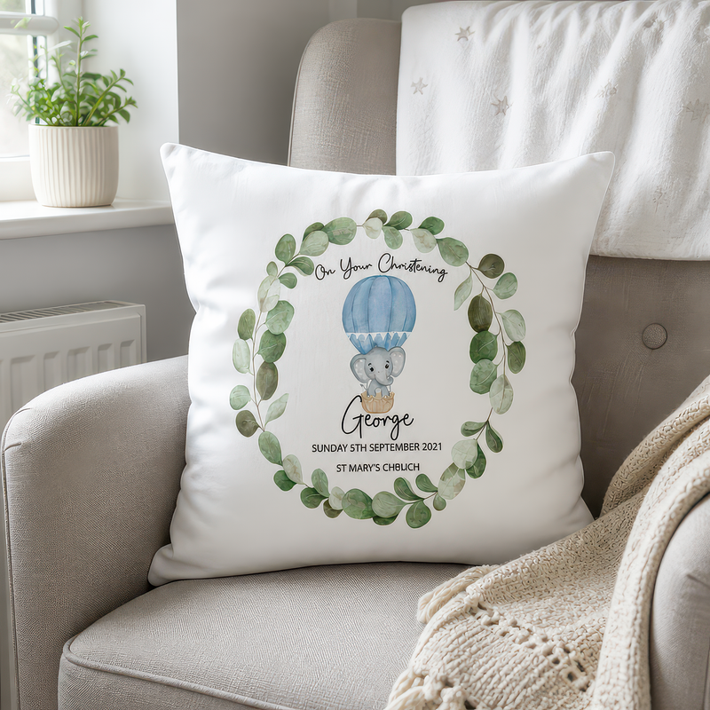 Personalised Blue Balloon Christening Cushion