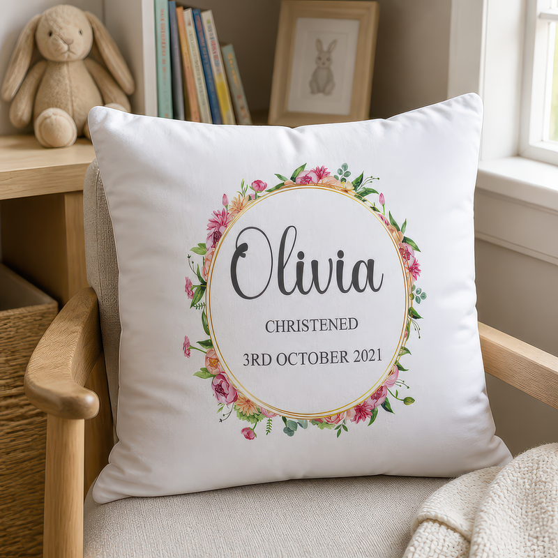 Personalised Gold Floral Christening Cushion