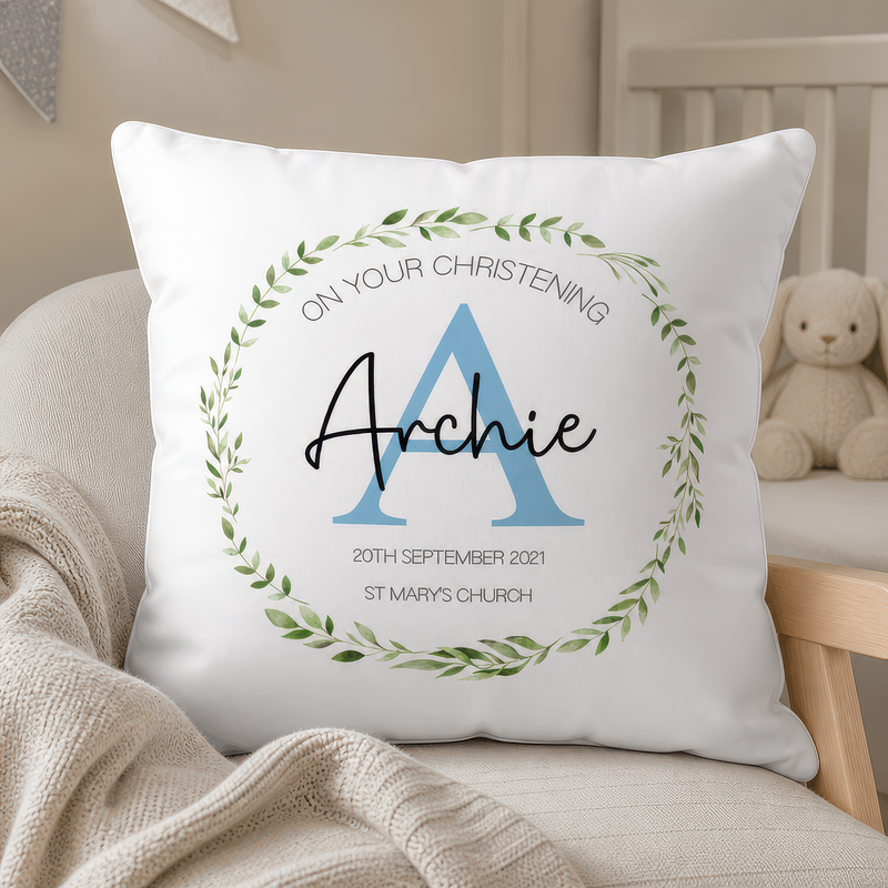 Personalised Blue Initial Christening Cushion