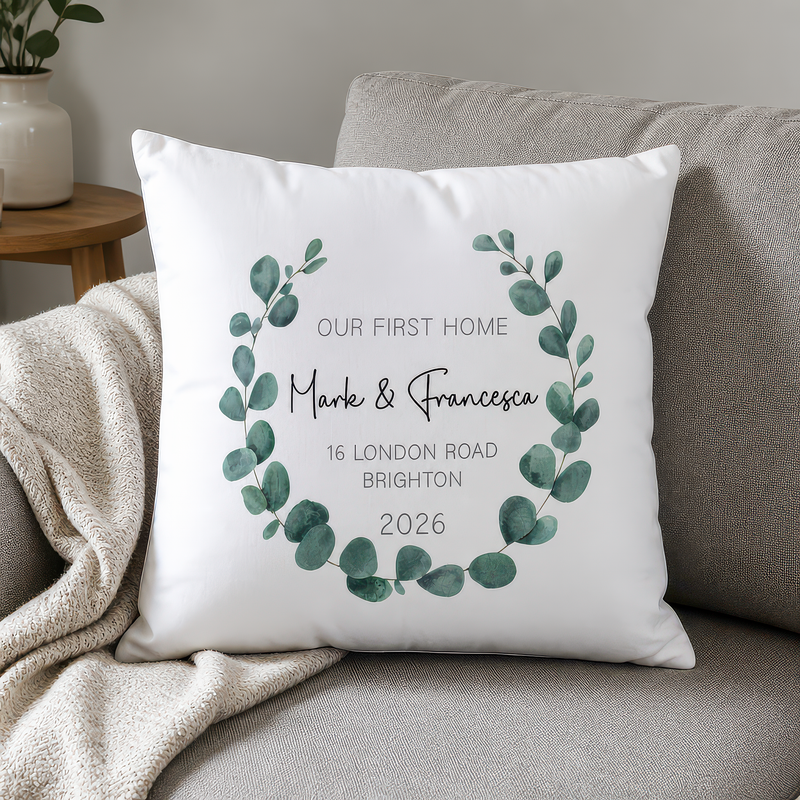 Personalised First Home Eucalyptus Cushion