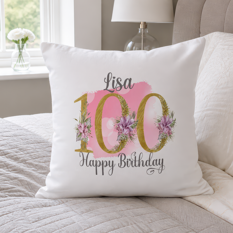 Personalised Pink Floral 100th Birthday Cushion