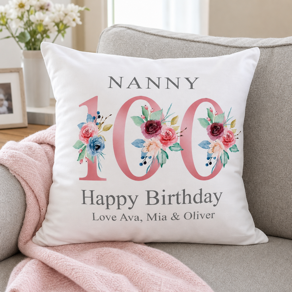 Personalised Rose Gold Floral 100th Birthday Cushion
