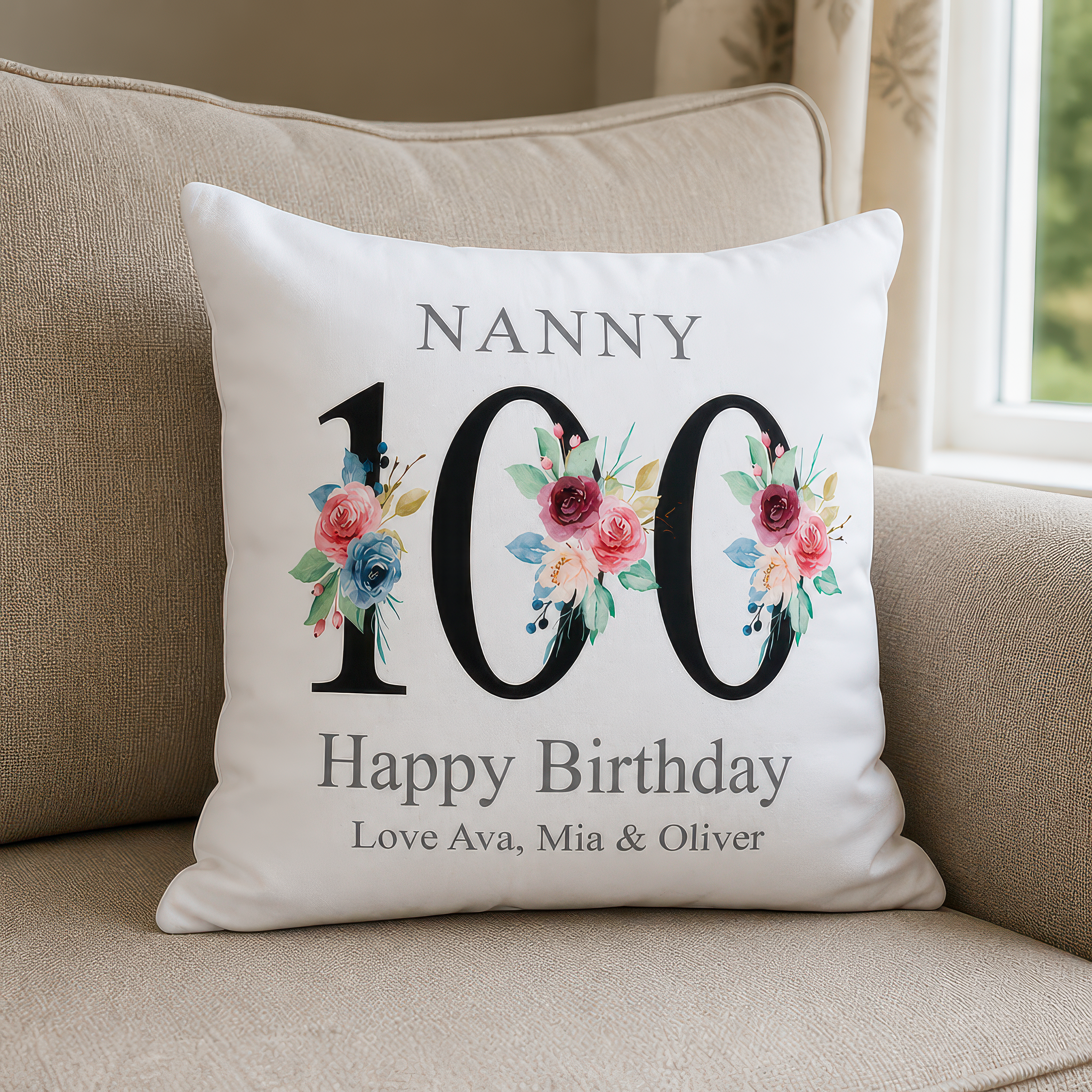 Personalised Black Floral 100th Birthday Cushion