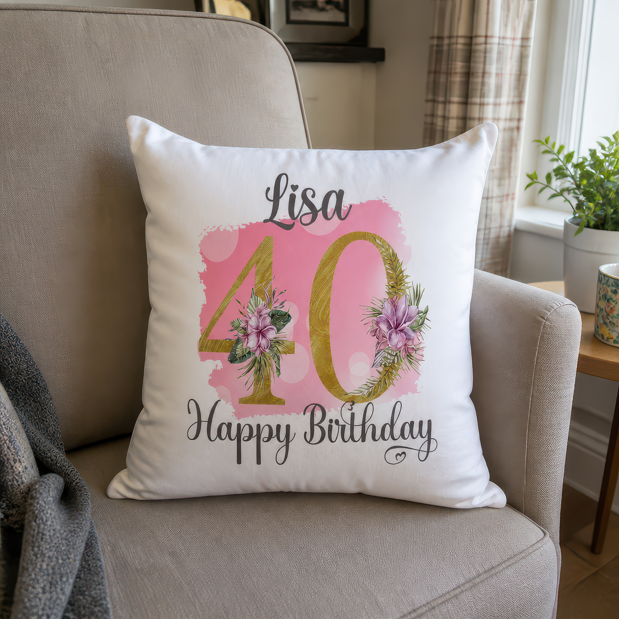 Personalised Pink Floral 40th Birthday Cushion